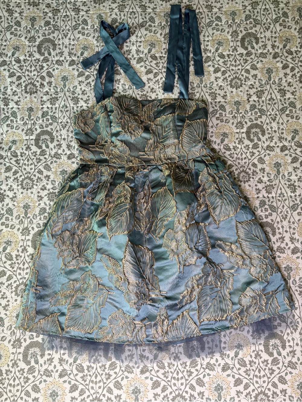 En Creme Teal and Gold Brocade Mini Dress